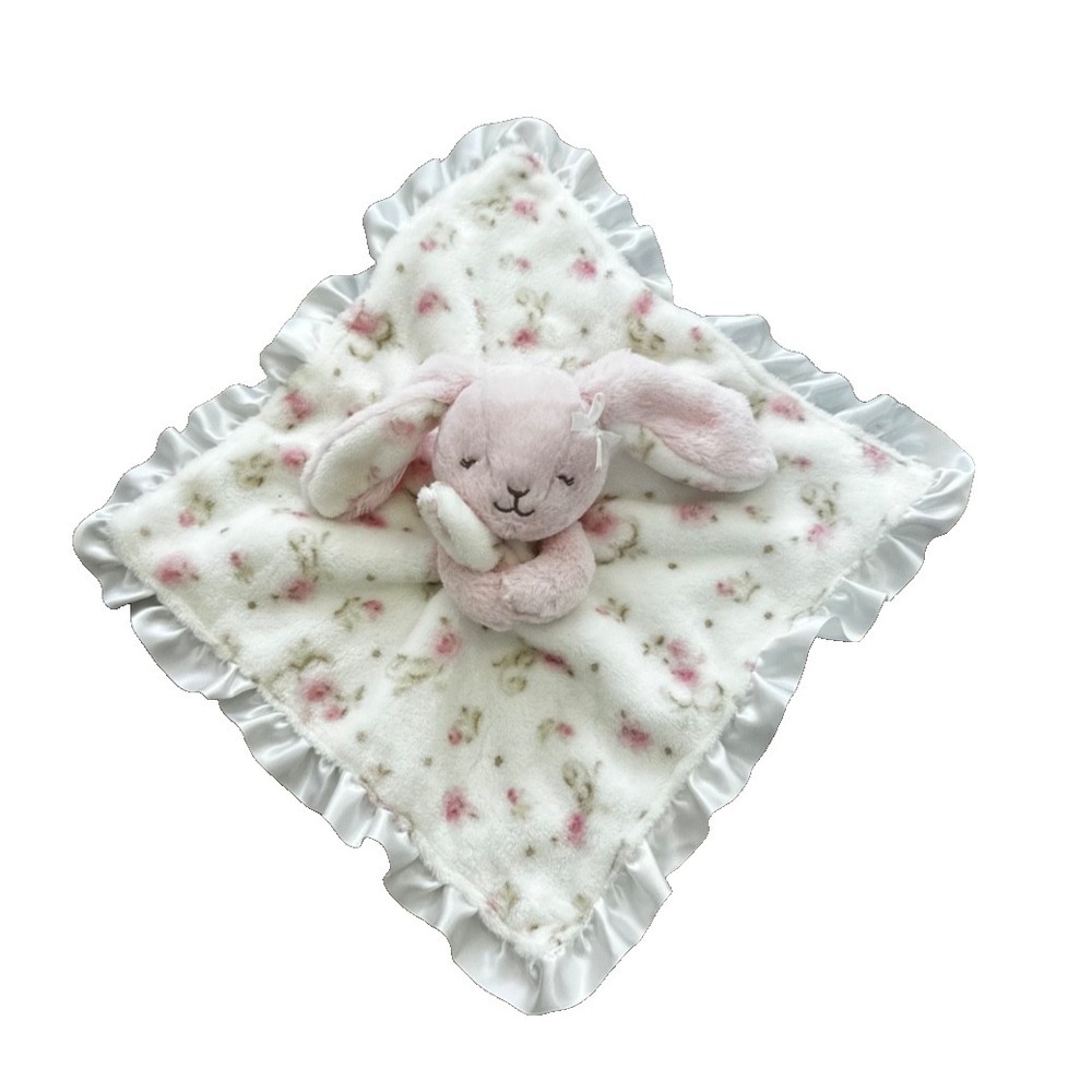 Little Me Baby Security Blanket Bunny Rabbit Pink Flowers White Satin Backing